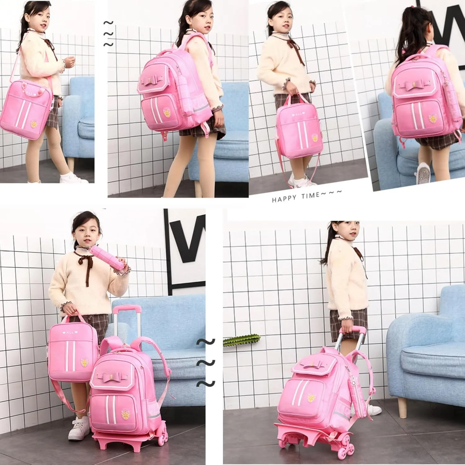 MITOWERMI Rolling Backpack for Girls Cute Trolley Bags Primary School Bookbags with Wheels Kids Carry-On Wheeled Backpack with Lunch Bag