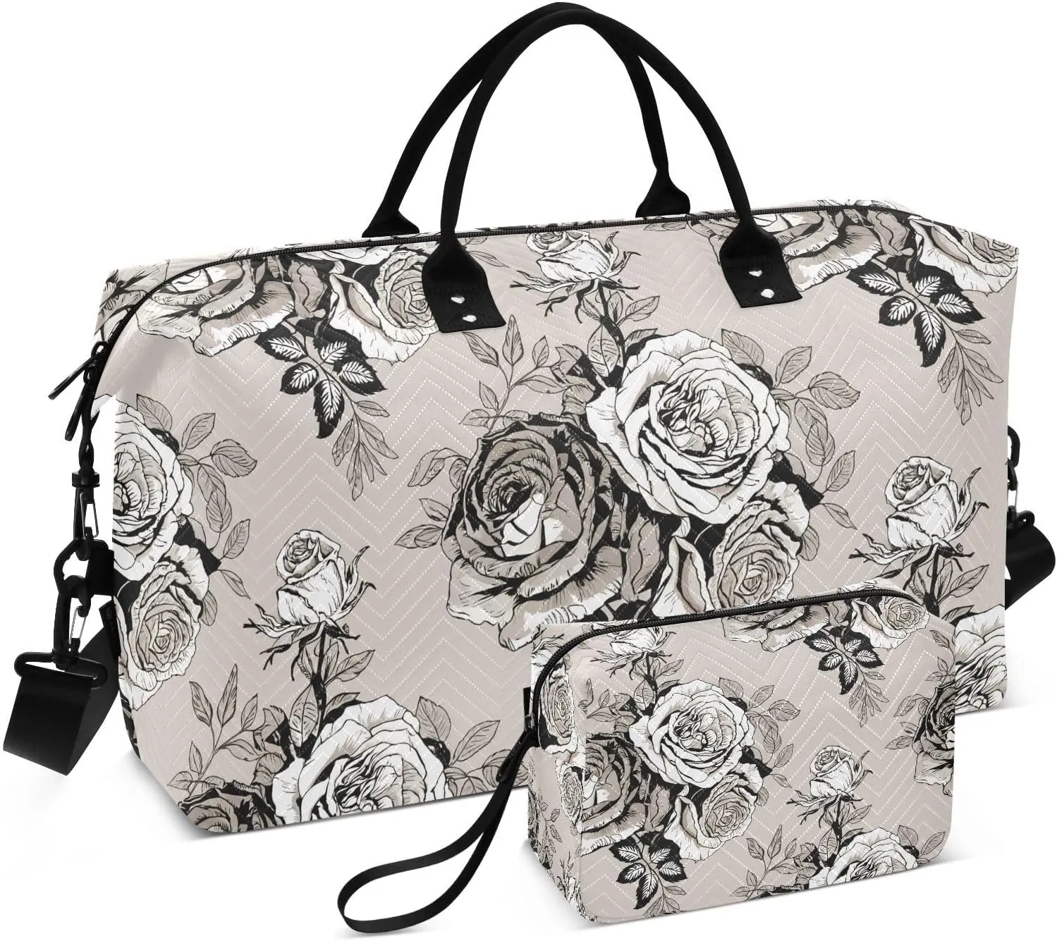 Monochrome Rose Leaves Beige Sports Gym Bag for Women Men Travel Duffel Bag Weekend Overnight Carry on Bag with Toiletry Bag Air Travel Bag for Hospital Plane Swimming Yoga Workout