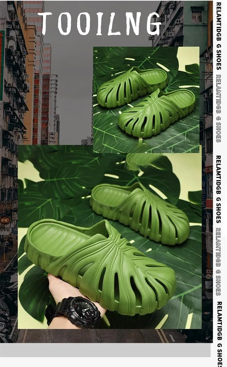 Monstera Slippers, Women's Adult Unisex (Women's Fit) Green/Black/White/Blue Leaf Slides, 2024 New Anti-Slip EVA Slippers for Casual Wear, Beach/Poolside, Spa/Hotel, Travel, Outdoor Activities