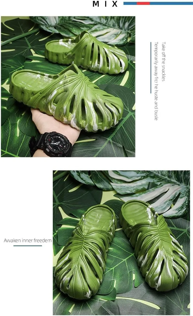 Monstera Slippers, Women's Adult Unisex (Women's Fit) Green/Black/White/Blue Leaf Slides, 2024 New Anti-Slip EVA Slippers for Casual Wear, Beach/Poolside, Spa/Hotel, Travel, Outdoor Activities