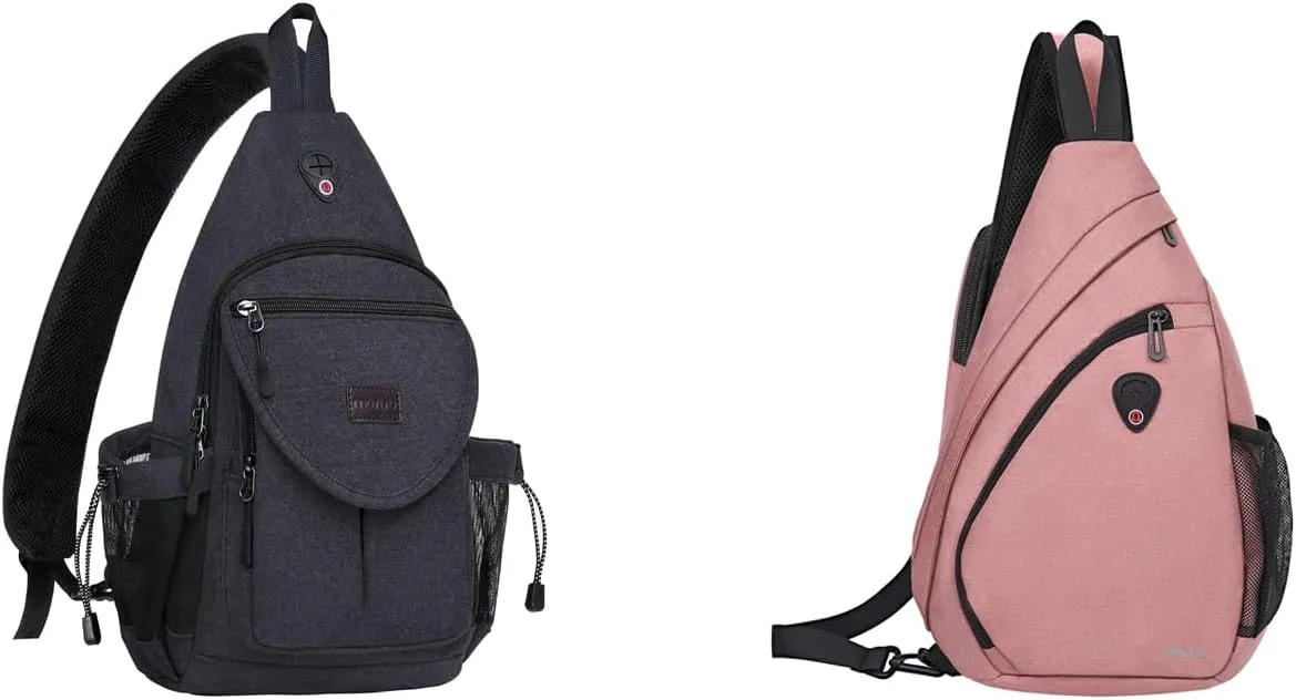 MOSISO Canvas Sling Backpack&Sling Hiking Backpack,Travel Daypack Fan-shaped Rope Crossbody Shoulder Bag, Space Gray& Peach Pink