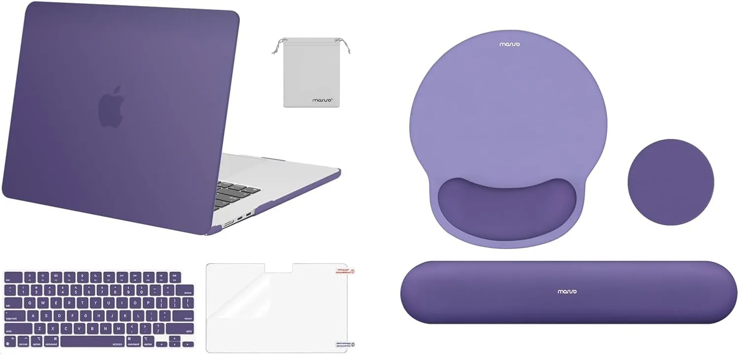 MOSISO Circle Curved Wrist Rest Support for Mouse Pad&Keyboard Set& Compatible with MacBook Pro 14 inch Case 2024-2021 M3 M2 M1, Case&Keyboard Cover&Screen Protector&Storage Bag, Imperial Purple
