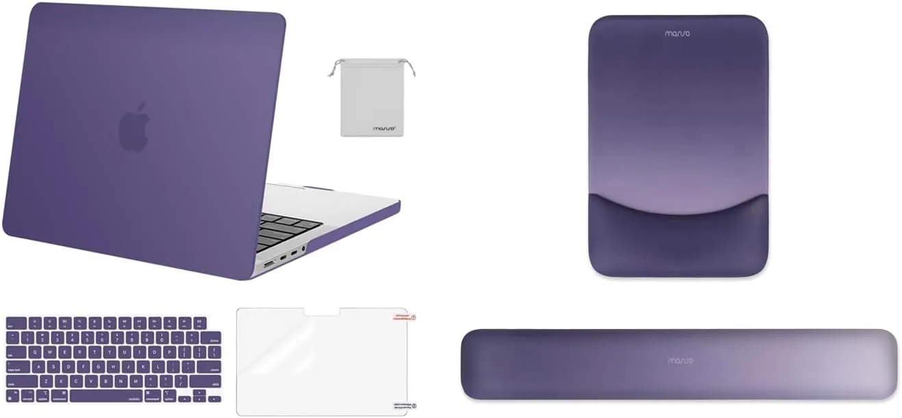MOSISO Compatible with MacBook Pro 14 inch Case 2024-2021, Rectangular Wrist Rest Support for Mouse Pad&Keyboard Set&Keyboard Cover&Screen Protector&Storage Bag, Imperial Purple&Gradient Dark Purple