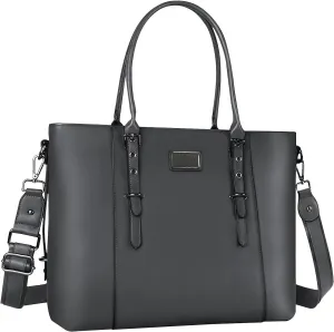 MOSISO PU Leather Laptop Tote Bag for Women (15-16 inch), Waterproof Large Capacity Business Work Briefcase Shoulder Laptop Bag, Gray