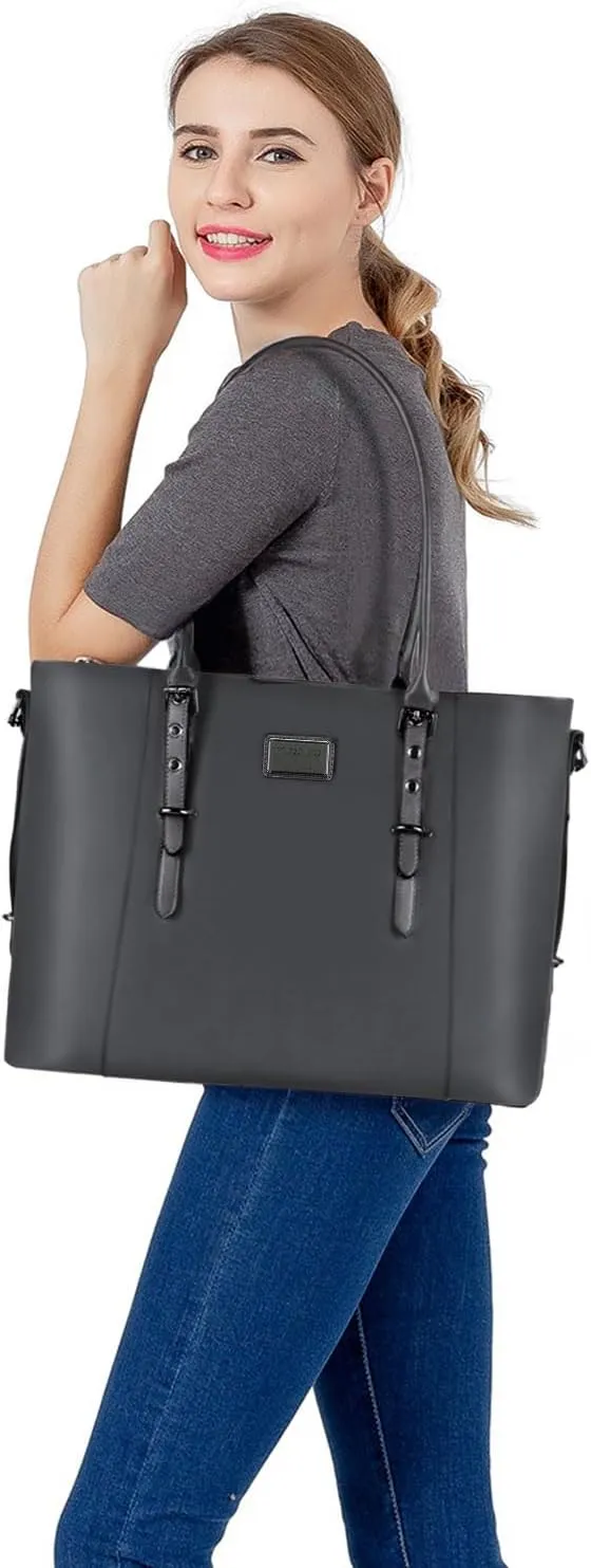 MOSISO PU Leather Laptop Tote Bag for Women (15-16 inch), Waterproof Large Capacity Business Work Briefcase Shoulder Laptop Bag, Gray