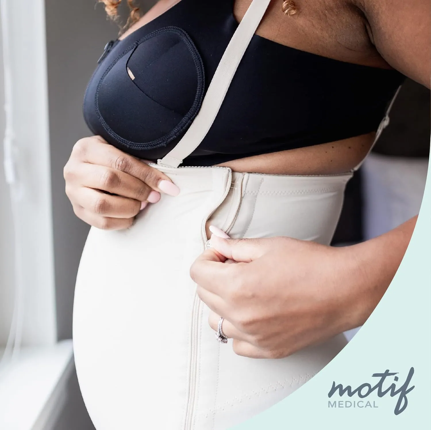 Motif Medical Postpartum Recovery Girdle - Eases Pain, Secure Fit C Section Girdle w/Zipper Closure - Spandex/Nylon Postpartum Recovery Garment for Waist, Hips, Tightens & Tones Belly (Medium, Nude)