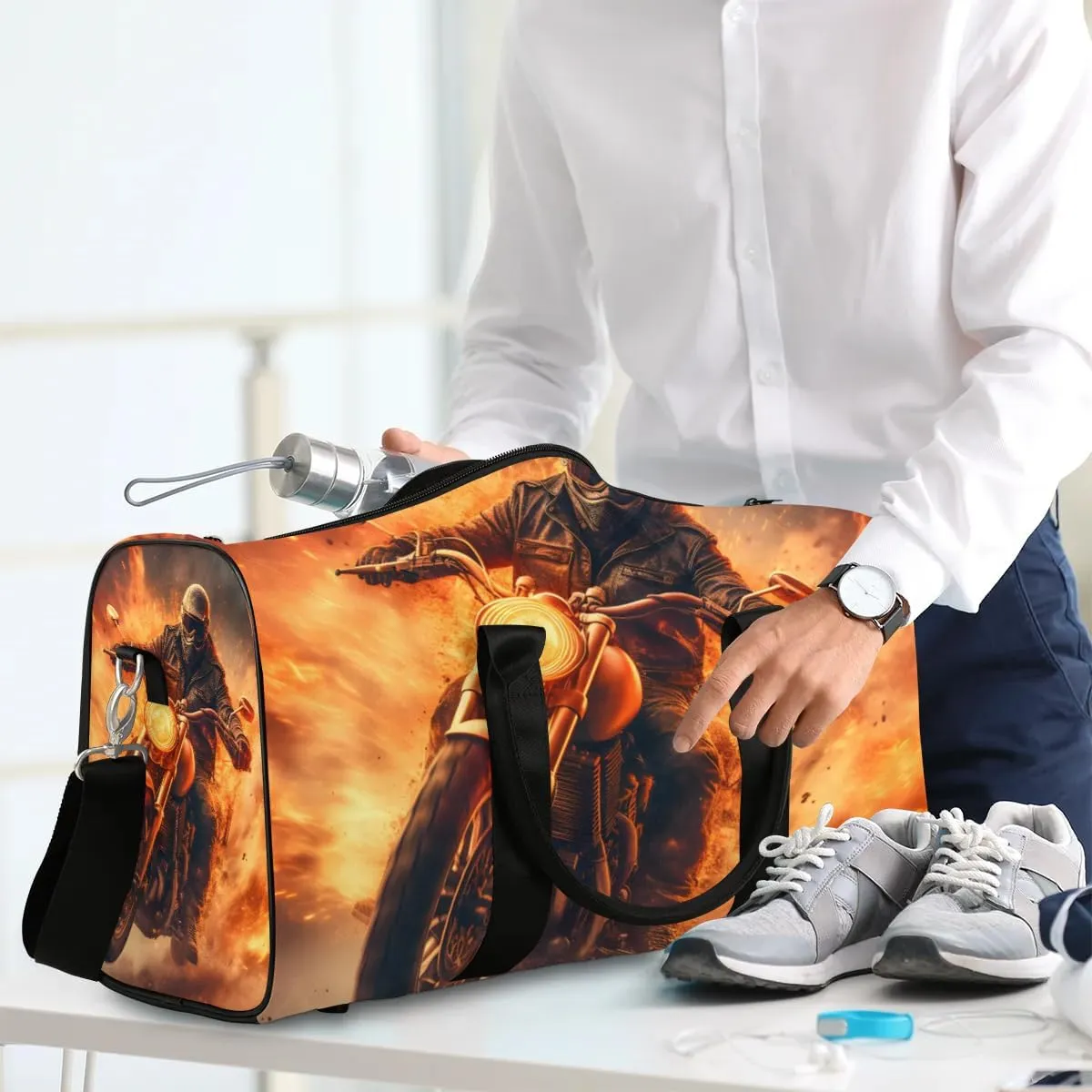 Motorcycle Extreme Sports Theme Travel Duffel Bag for Women Men Waterproof Foldable Overnight Weekender Bag Large Capacity Sports Gym Bag