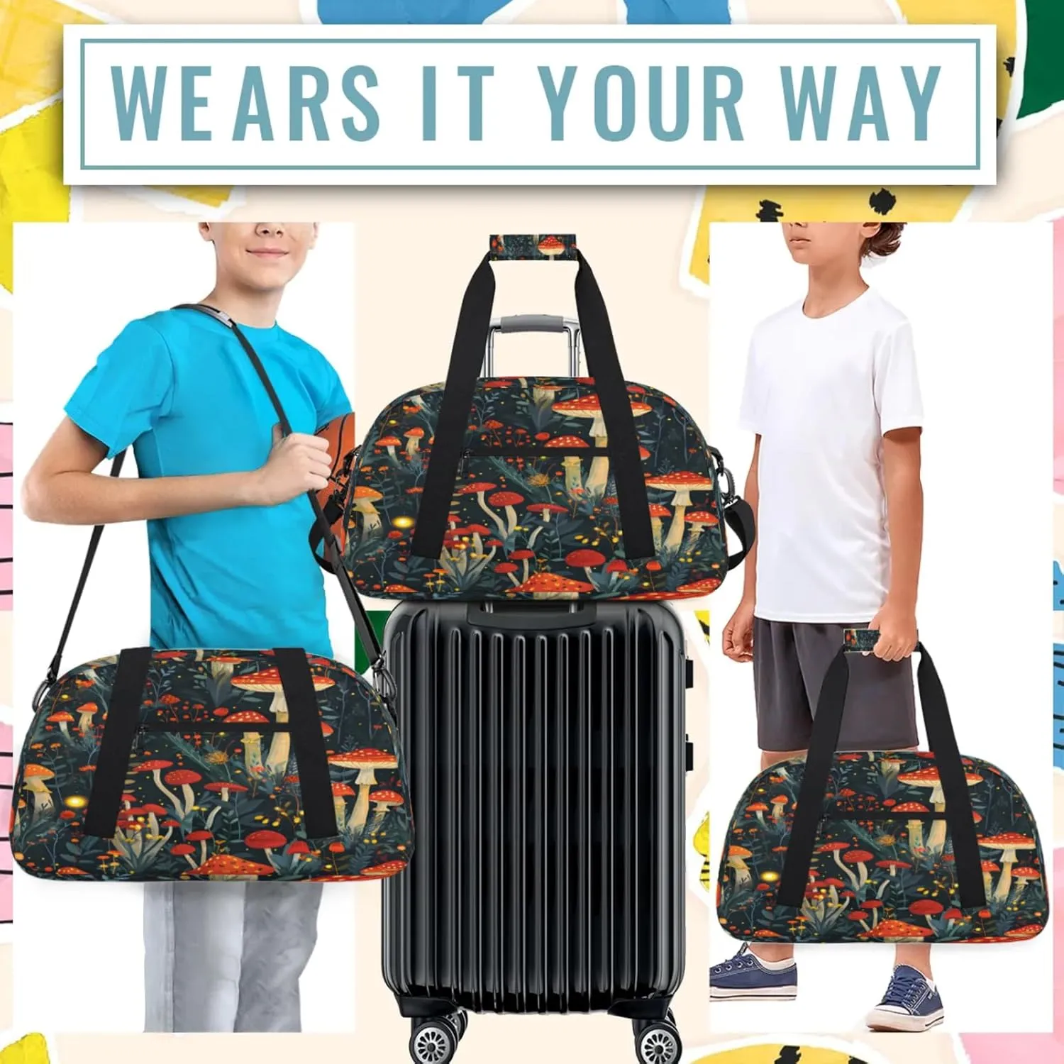 Mushrooms Flowers Small Gym Bag 18 inch Carry On Duffel Bag for Weekender Travel Sports Workout Yoga Gymnastics Dance Ballet