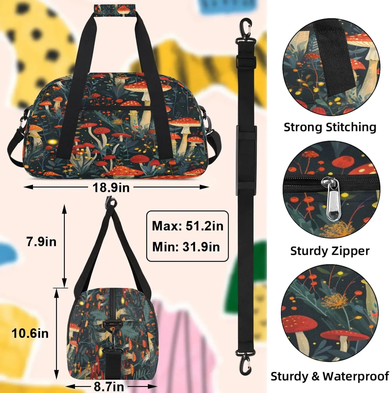 Mushrooms Flowers Small Gym Bag 18 inch Carry On Duffel Bag for Weekender Travel Sports Workout Yoga Gymnastics Dance Ballet