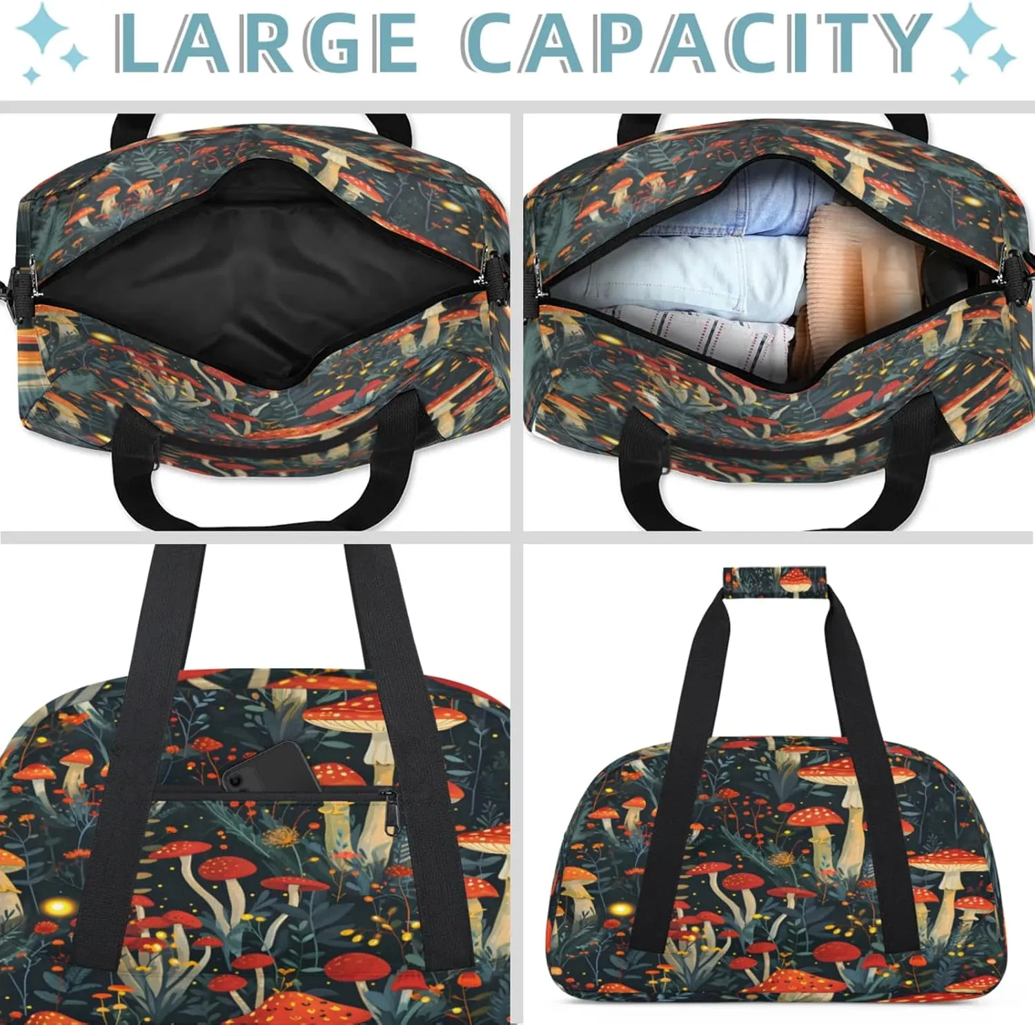 Mushrooms Flowers Small Gym Bag 18 inch Carry On Duffel Bag for Weekender Travel Sports Workout Yoga Gymnastics Dance Ballet