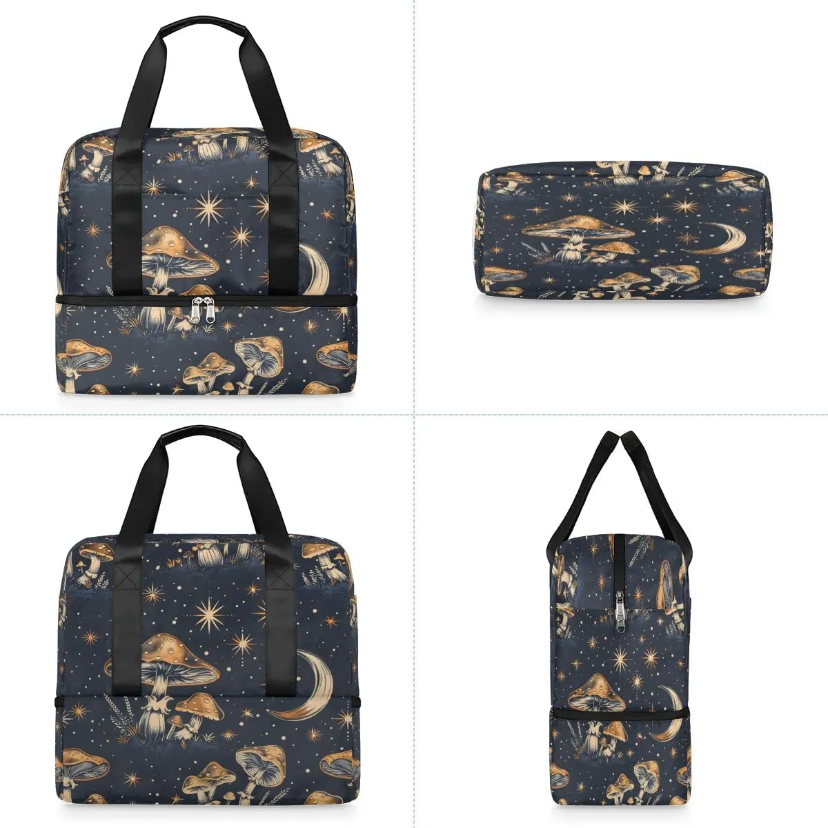 Mushrooms Stars Moon Travel Duffel Bag Dry Wet Separated Sports Tote Travel Duffle Bag Gym Workout Bag Women Travel Duffel Bag for Women, Travel, Gym, Work