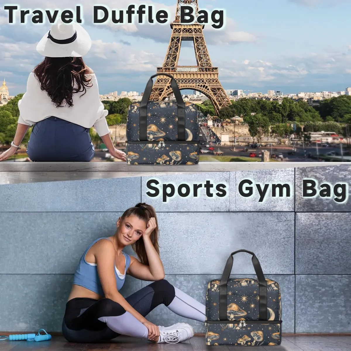 Mushrooms Stars Moon Travel Duffel Bag Dry Wet Separated Sports Tote Travel Duffle Bag Gym Workout Bag Women Travel Duffel Bag for Women, Travel, Gym, Work