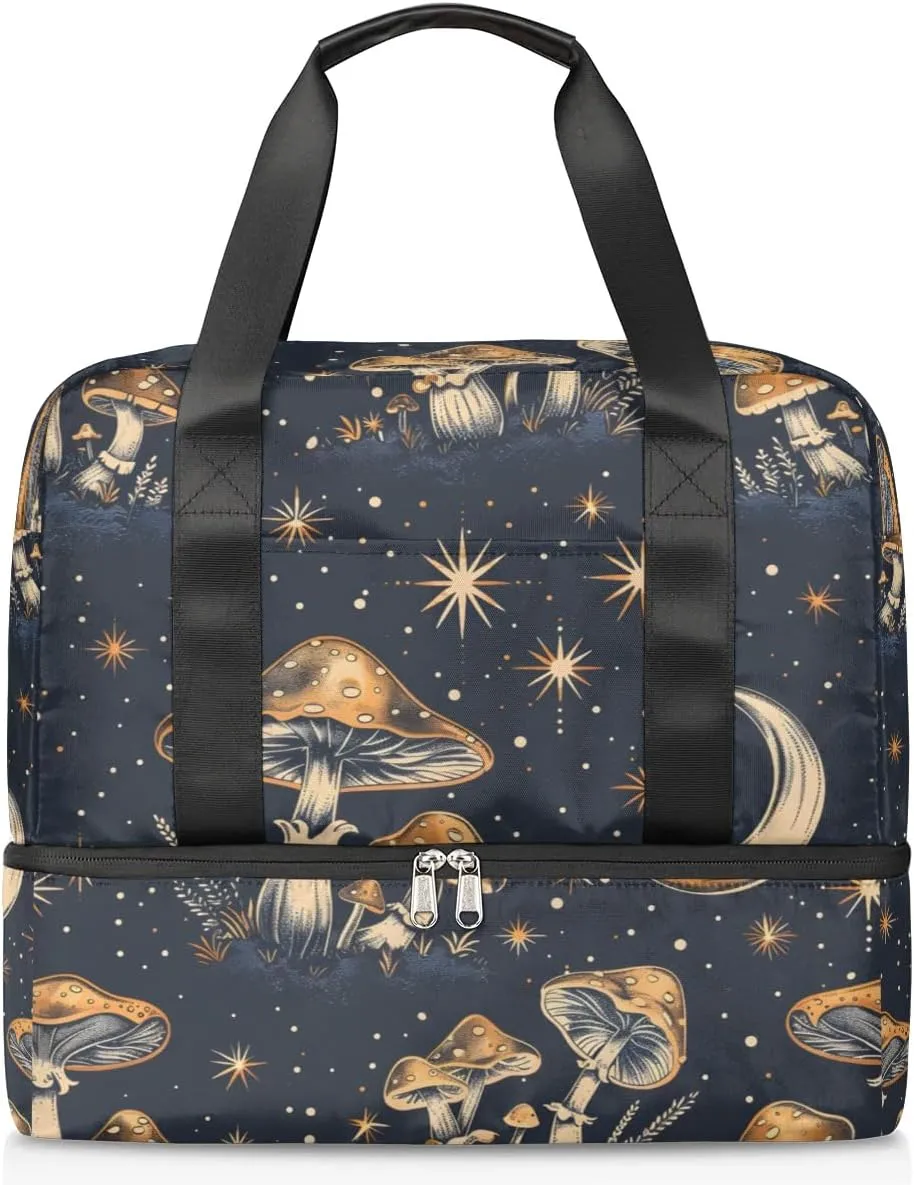 Mushrooms Stars Moon Travel Duffel Bag Dry Wet Separated Sports Tote Travel Duffle Bag Gym Workout Bag Women Travel Duffel Bag for Women, Travel, Gym, Work