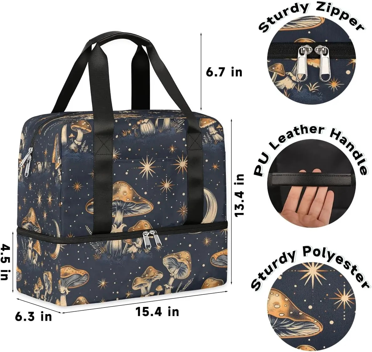 Mushrooms Stars Moon Travel Duffel Bag Dry Wet Separated Sports Tote Travel Duffle Bag Gym Workout Bag Women Travel Duffel Bag for Women, Travel, Gym, Work