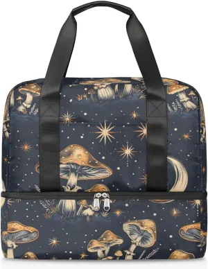 Mushrooms Stars Moon Travel Duffel Bag Dry Wet Separated Sports Tote Travel Duffle Bag Gym Workout Bag Women Travel Duffel Bag for Women, Travel, Gym, Work