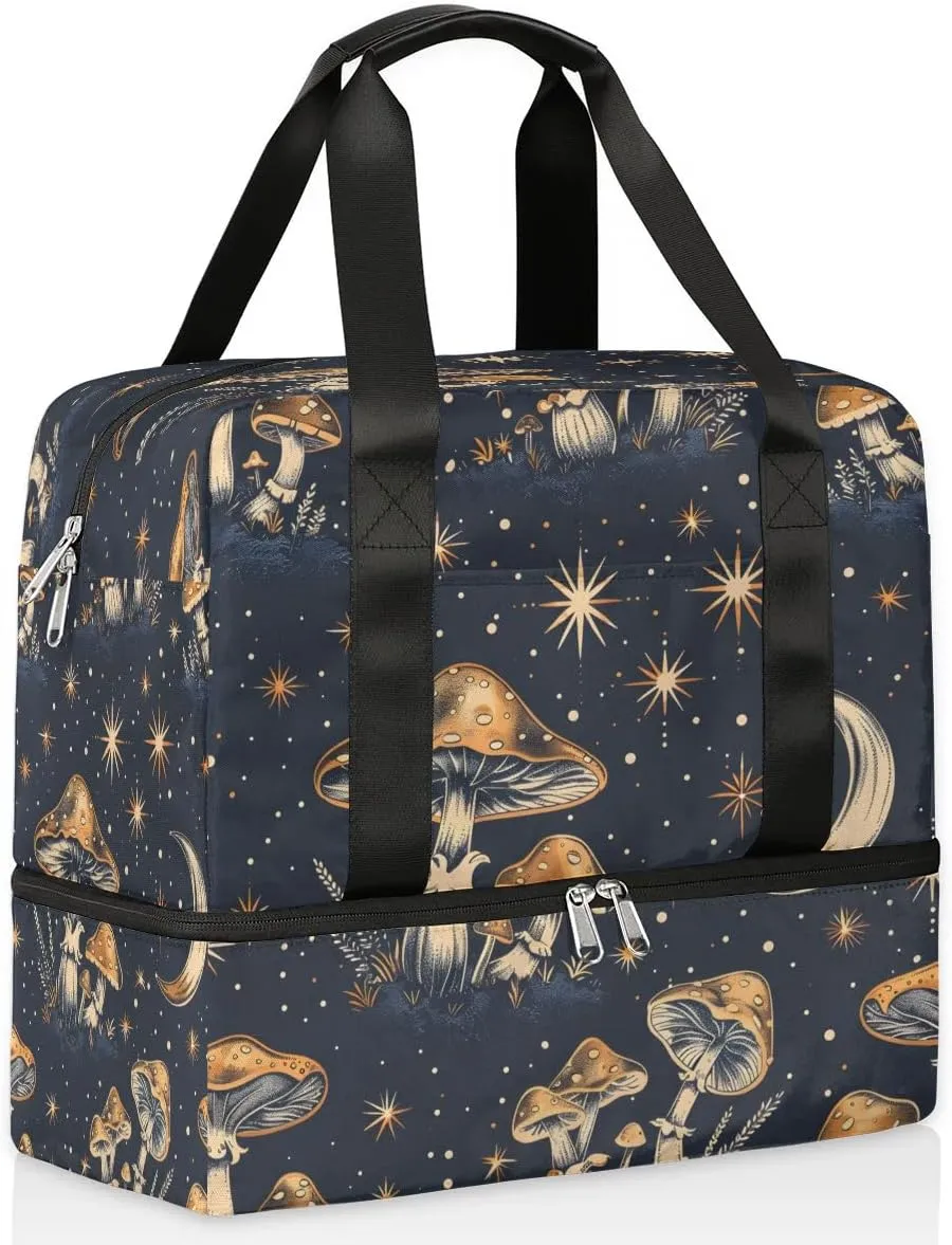 Mushrooms Stars Moon Travel Duffel Bag Dry Wet Separated Sports Tote Travel Duffle Bag Gym Workout Bag Women Travel Duffel Bag for Women, Travel, Gym, Work