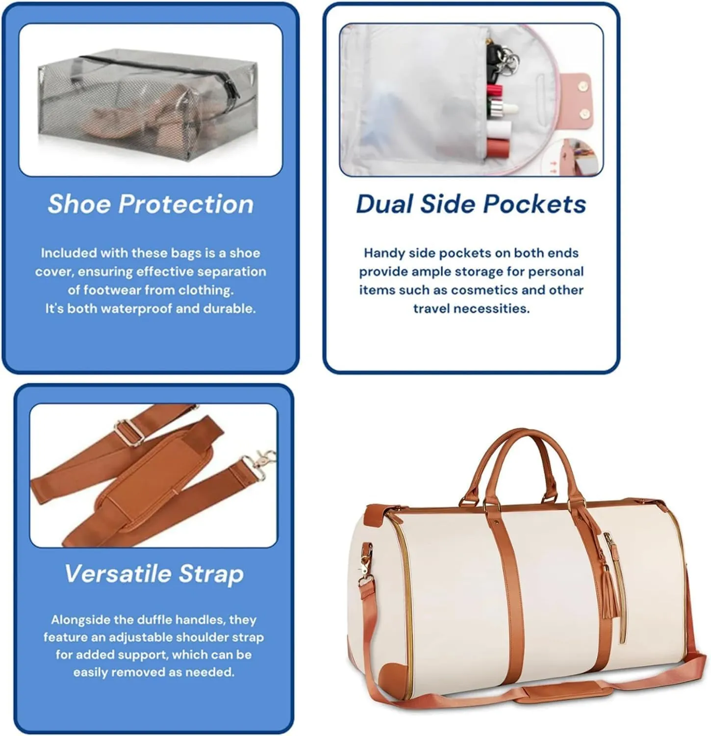 Myjennibag Travel Bag with Wheels, Myjennibag Foldable Travel Bag Carry On, 2 In 1 Convertible Large Pu Leather Waterproof Duffle Bag (White with Wheels)