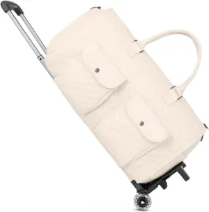 Myjennibag Travel Bag with Wheels, Myjennibag Foldable Travel Bag Carry On, 2 In 1 Convertible Large Pu Leather Waterproof Duffle Bag (White with Wheels)