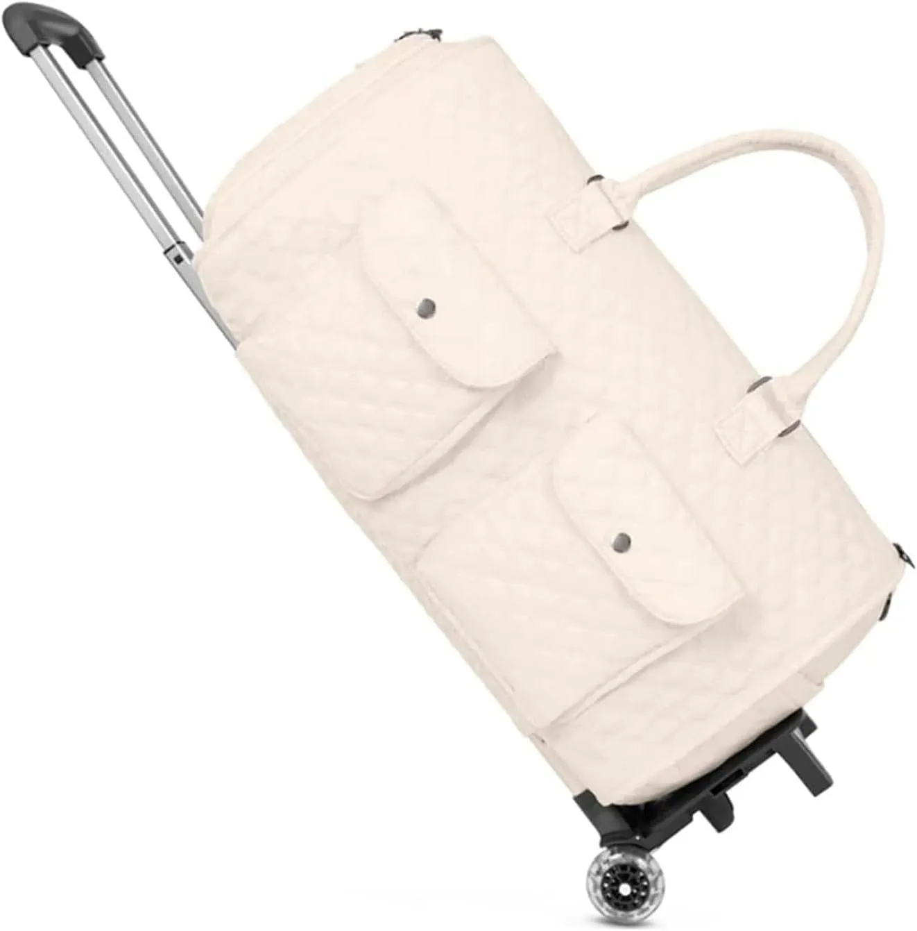 Myjennibag Travel Bag with Wheels, Myjennibag Foldable Travel Bag Carry On, 2 In 1 Convertible Large Pu Leather Waterproof Duffle Bag (White with Wheels)