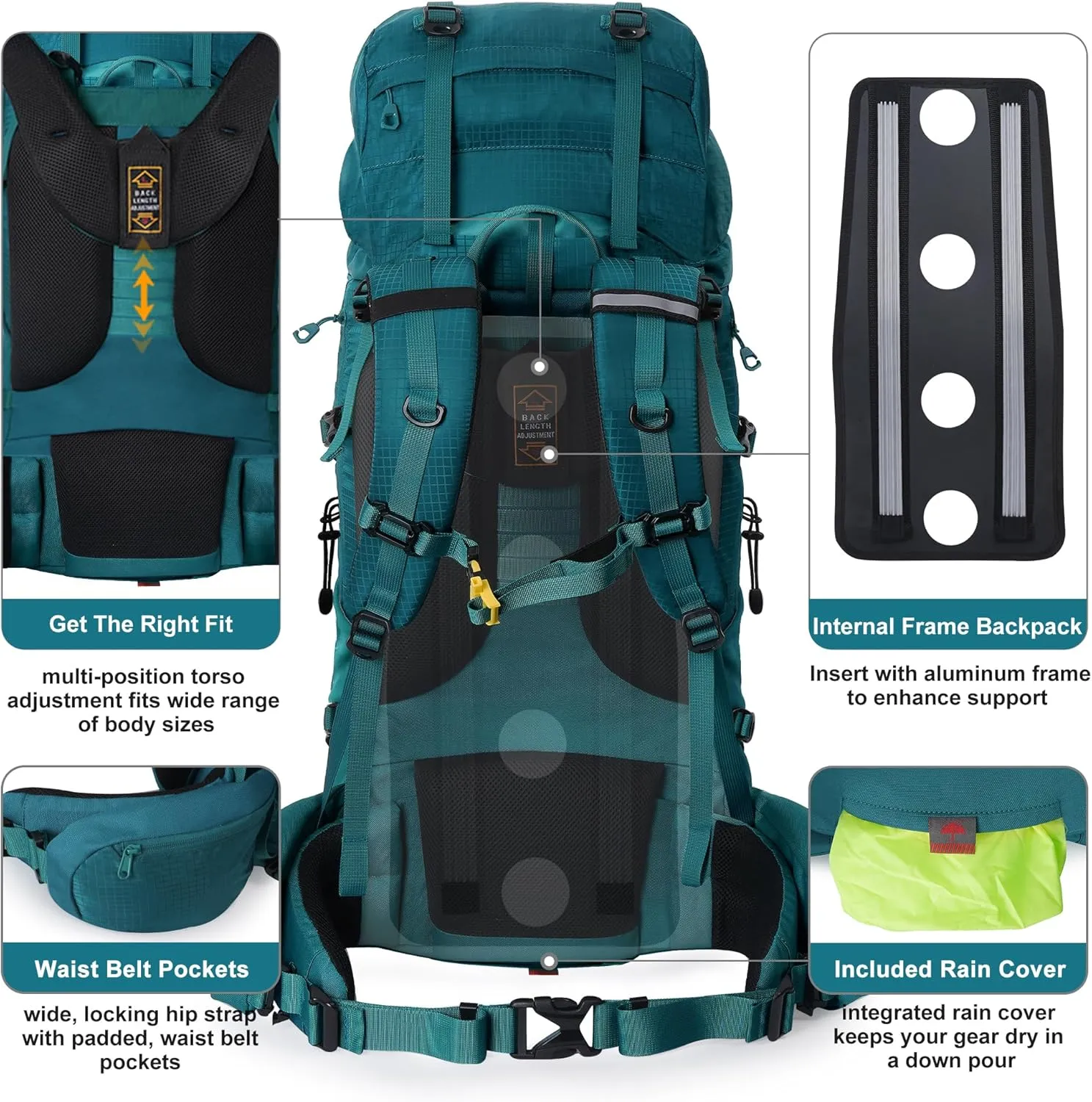 N NEVO RHINO Internal Frame Hiking Backpack 50/60/65/70/80L, Mountain Climbing Camping Backpack Daypack Waterproof Rain Cover