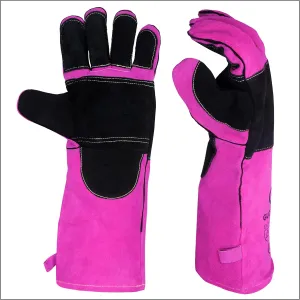 Nation Ladies BBQ/Welding Leather Gloves, Fire Resistant, MIG/TIG Welding, 16 Inch Long Sleeves, Pink/Black