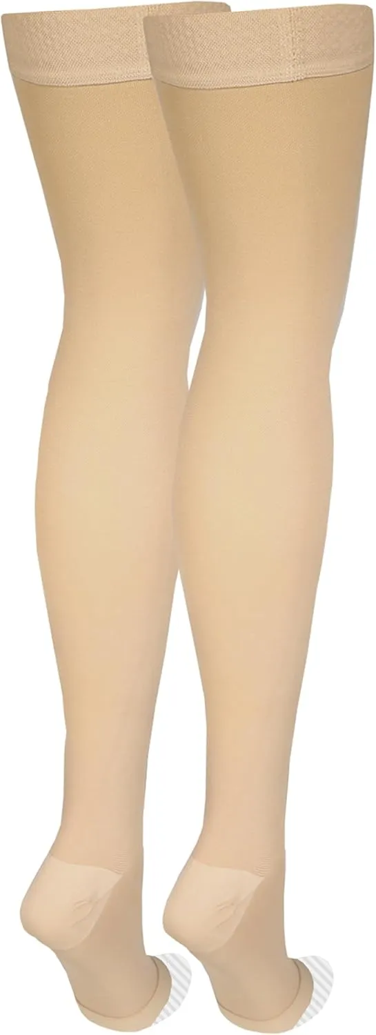 NuVein Medical Compression Stockings, 30-40 mmHg Support, Women & Men Thigh Length Hose, Open Toe, Beige, Medium