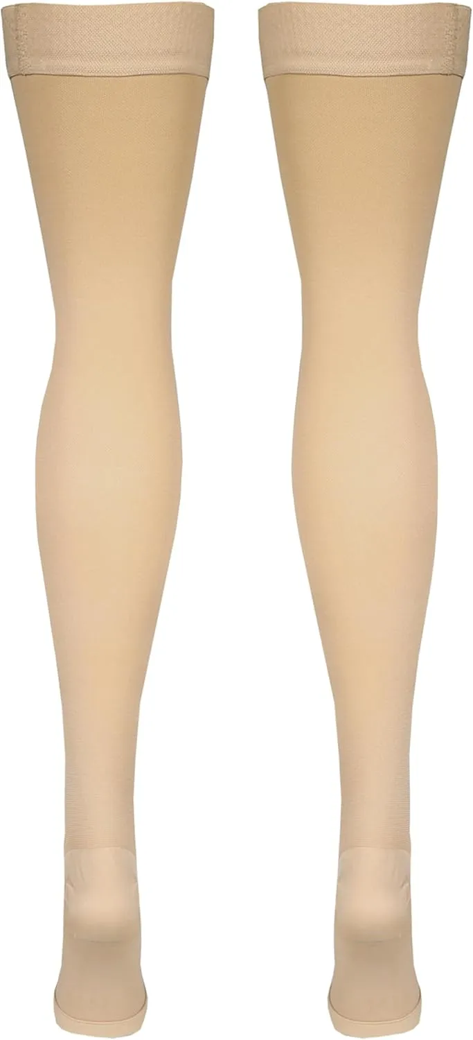 NuVein Medical Compression Stockings, 30-40 mmHg Support, Women & Men Thigh Length Hose, Open Toe, Beige, Medium