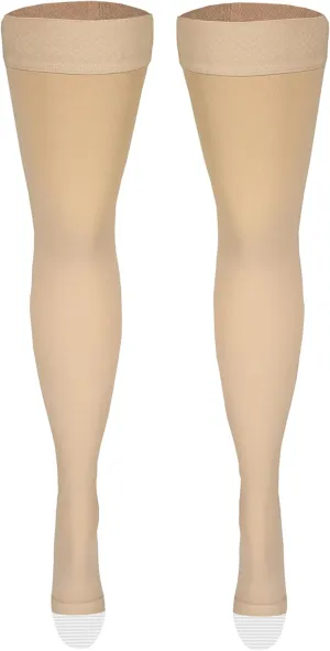 NuVein Medical Compression Stockings, 30-40 mmHg Support, Women & Men Thigh Length Hose, Open Toe, Beige, Medium