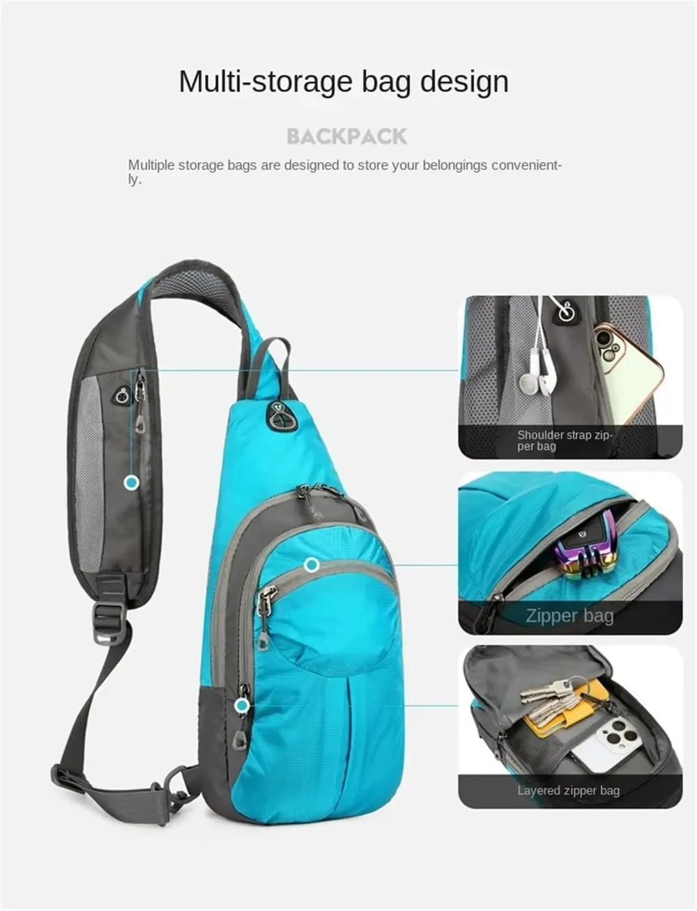 Nylon Crossbody Sling Chest Bag Daypack for Men Women Sport Hiking Bicycle Travel Gym Small Backpack Outdoor (Blue), Average