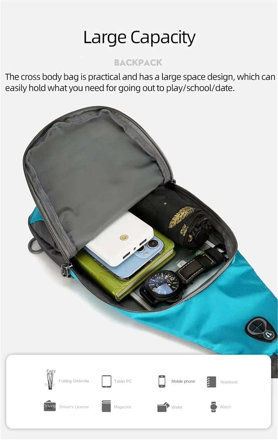Nylon Crossbody Sling Chest Bag Daypack for Men Women Sport Hiking Bicycle Travel Gym Small Backpack Outdoor (Blue), Average