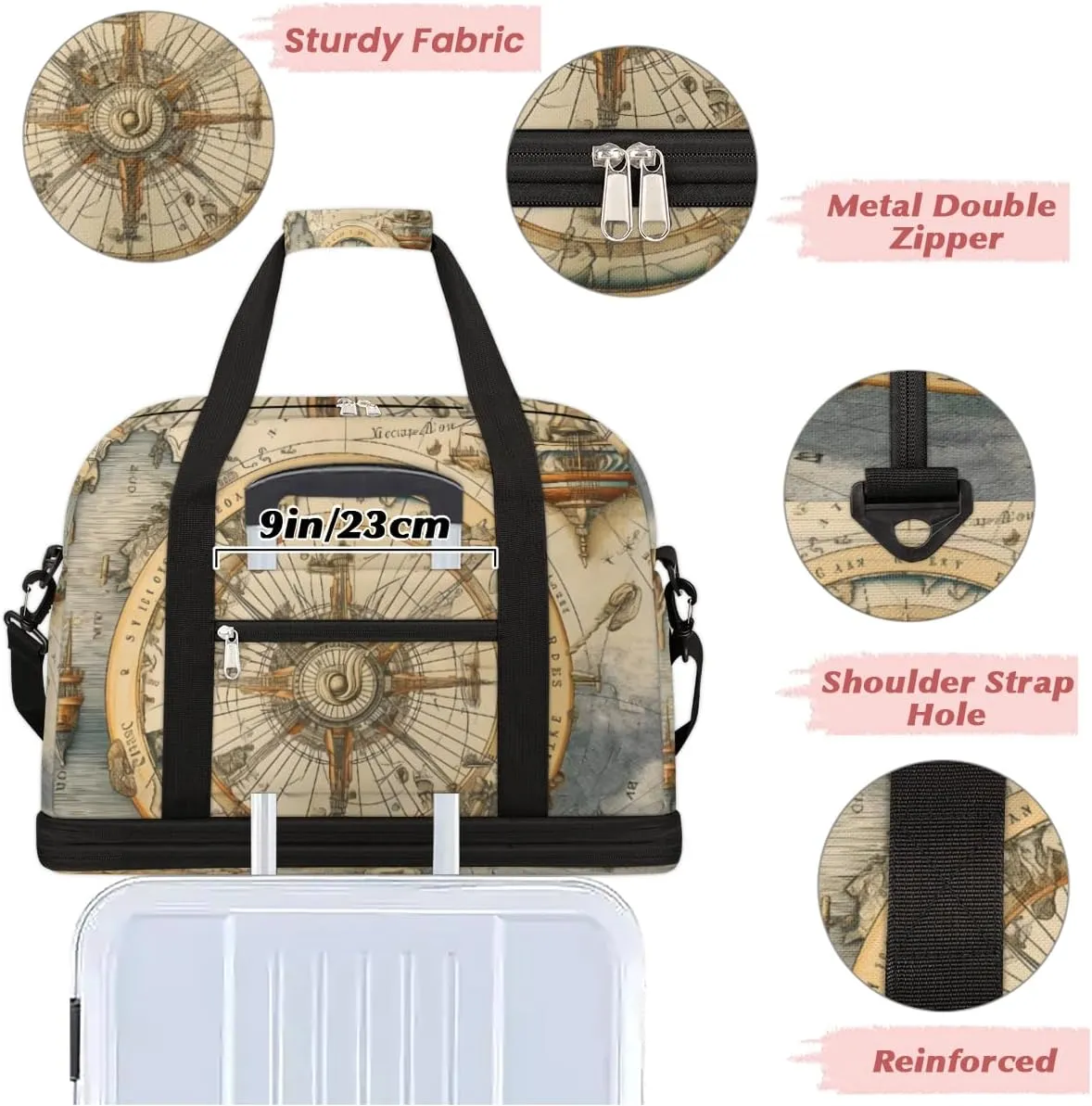 Ocean Compass Foldable Duffle Bag with Shoes Compartment Large Capacity Waterproof Travel Weekender Bag Overnight Bag for Sports Gym