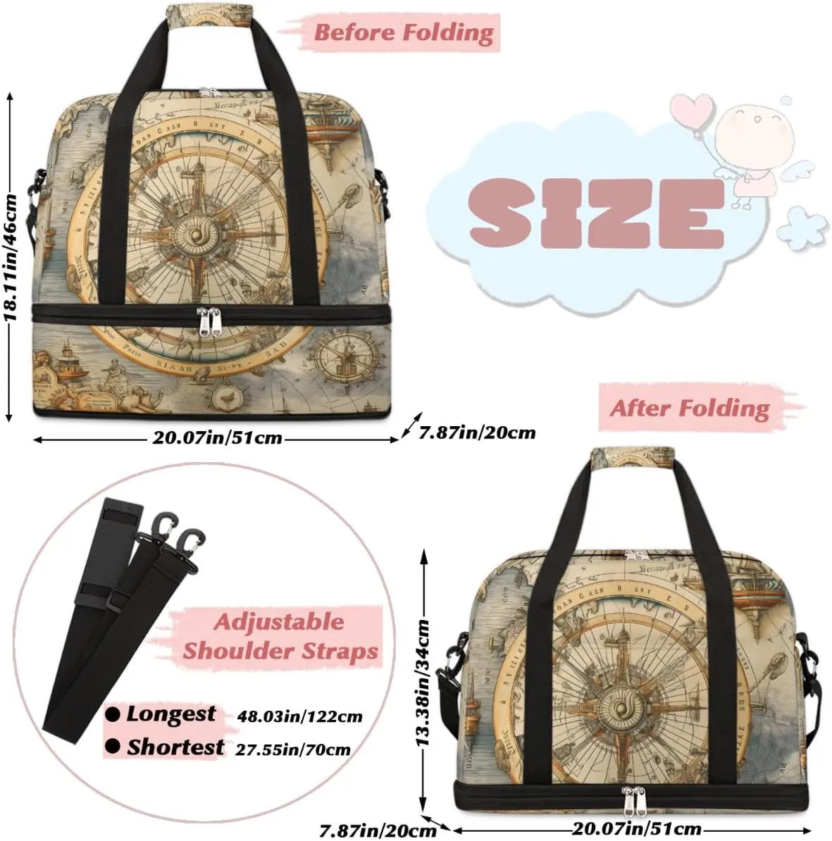 Ocean Compass Foldable Duffle Bag with Shoes Compartment Large Capacity Waterproof Travel Weekender Bag Overnight Bag for Sports Gym
