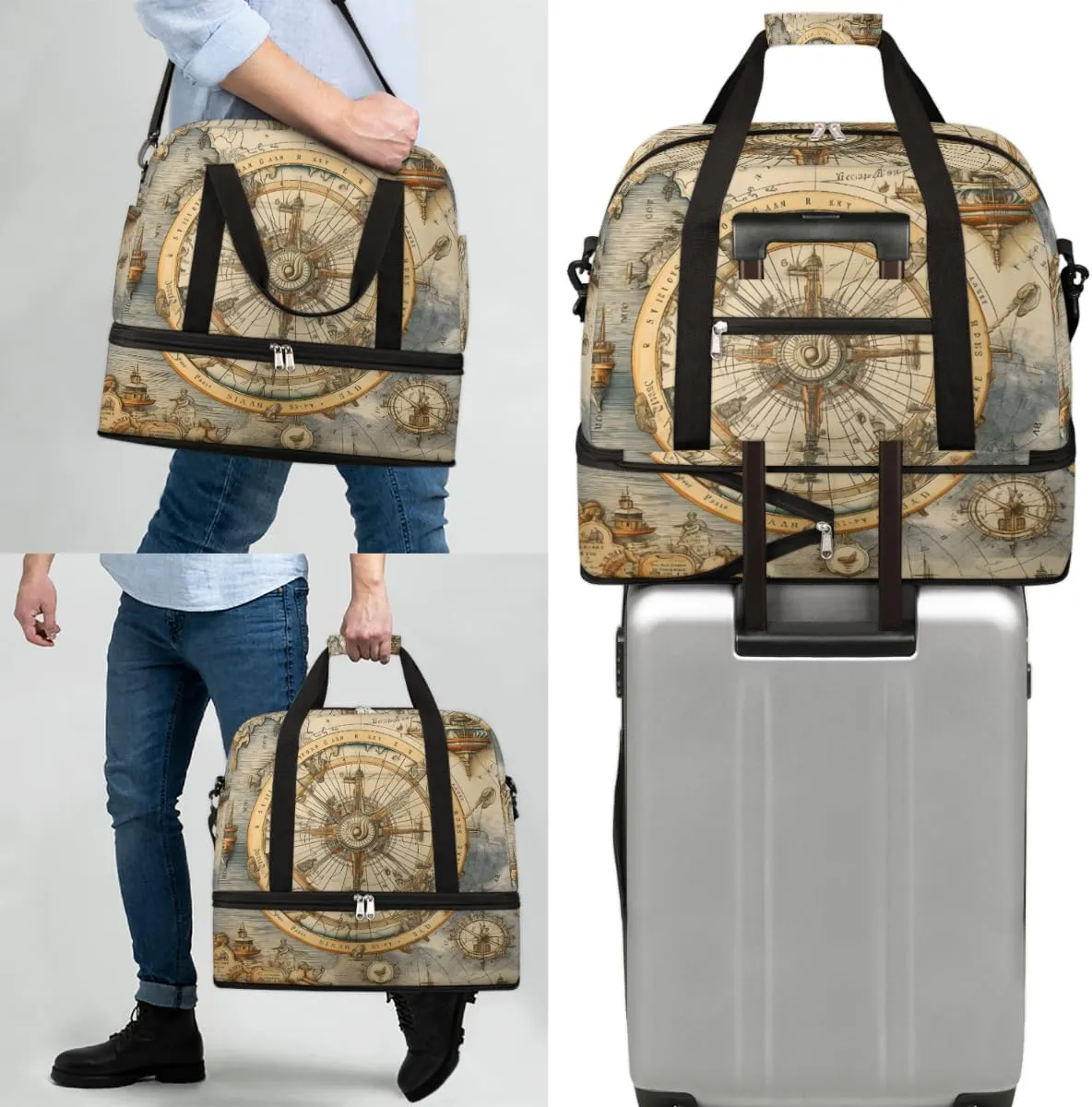 Ocean Compass Foldable Duffle Bag with Shoes Compartment Large Capacity Waterproof Travel Weekender Bag Overnight Bag for Sports Gym