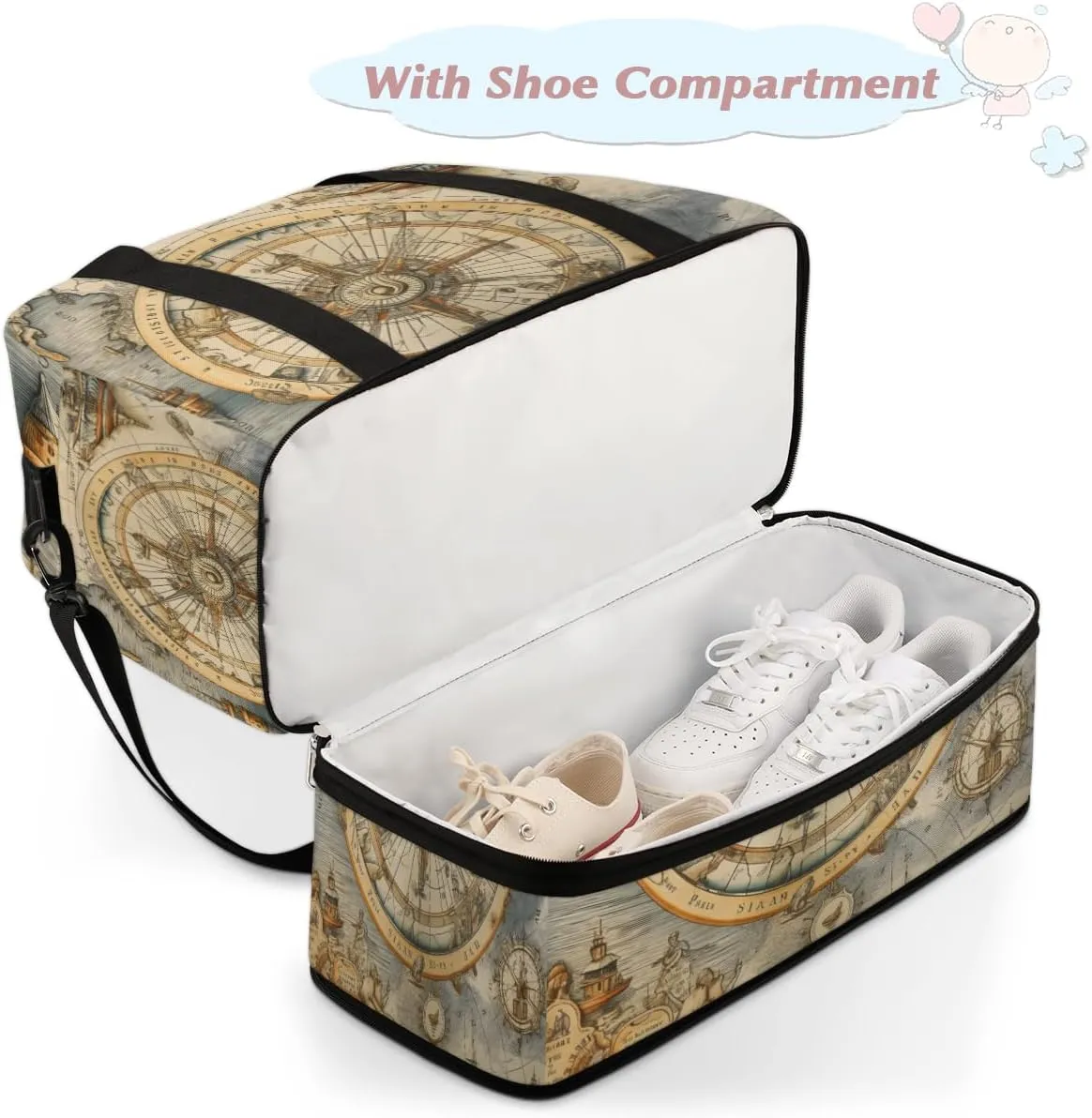 Ocean Compass Foldable Duffle Bag with Shoes Compartment Large Capacity Waterproof Travel Weekender Bag Overnight Bag for Sports Gym