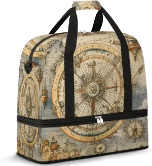 Ocean Compass Foldable Duffle Bag with Shoes Compartment Large Capacity Waterproof Travel Weekender Bag Overnight Bag for Sports Gym
