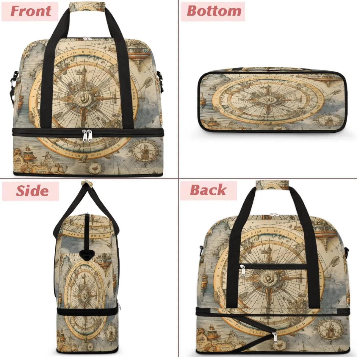 Ocean Compass Foldable Duffle Bag with Shoes Compartment Large Capacity Waterproof Travel Weekender Bag Overnight Bag for Sports Gym