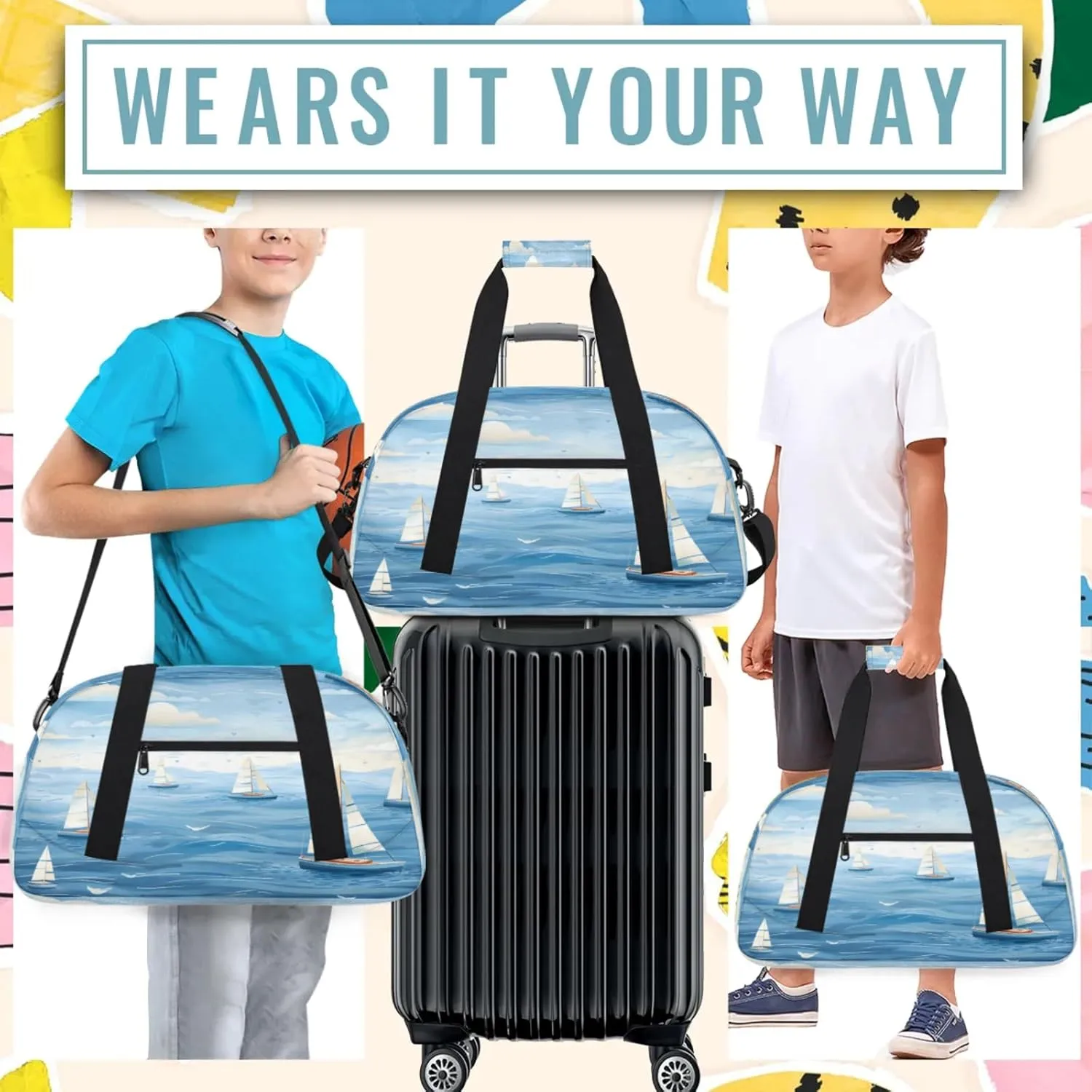 Ocean Sailboat Small Gym Bag 18 inch Carry On Duffel Bag for Weekender Travel Sports Workout Yoga Gymnastics Dance Ballet
