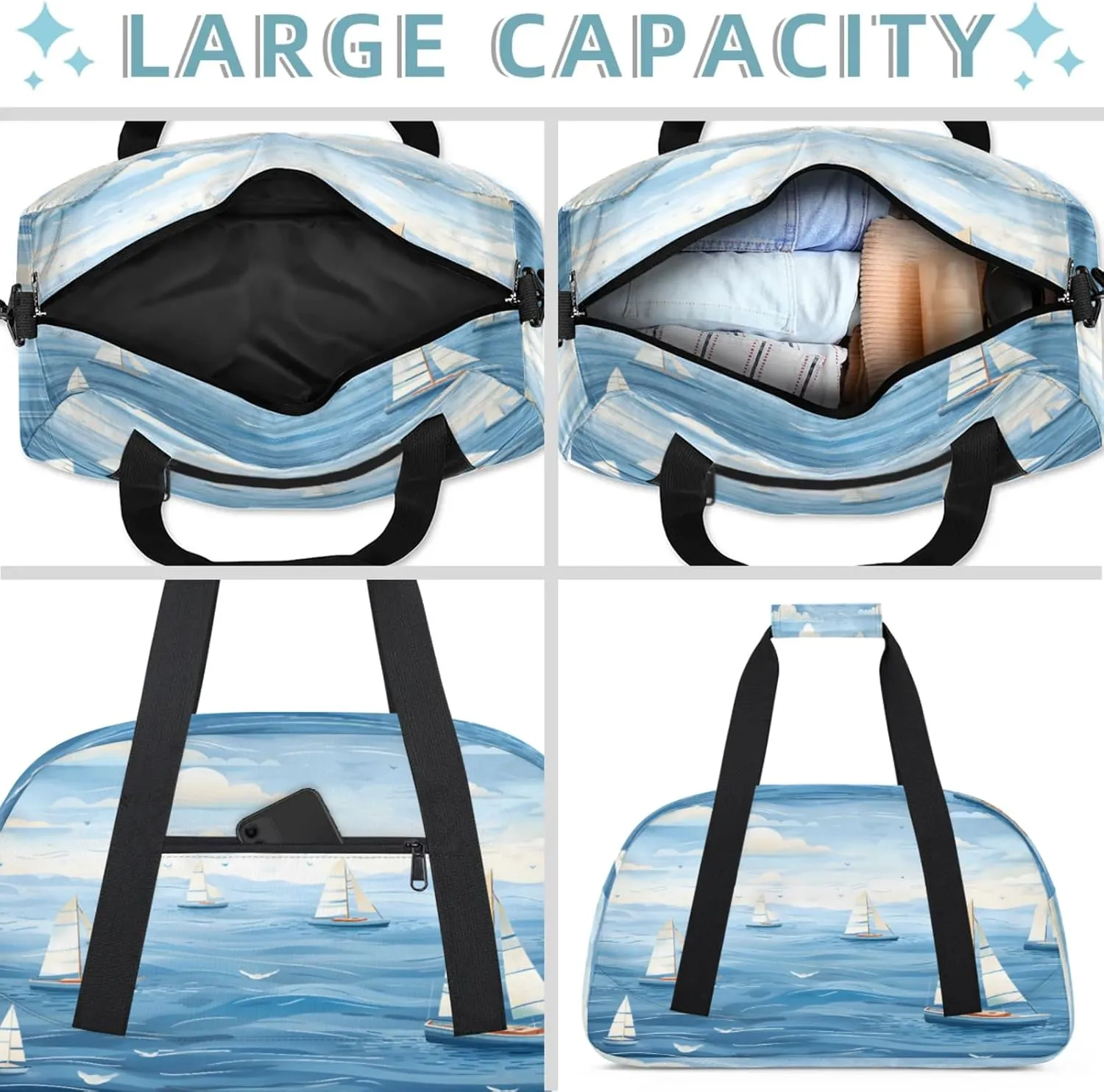 Ocean Sailboat Small Gym Bag 18 inch Carry On Duffel Bag for Weekender Travel Sports Workout Yoga Gymnastics Dance Ballet