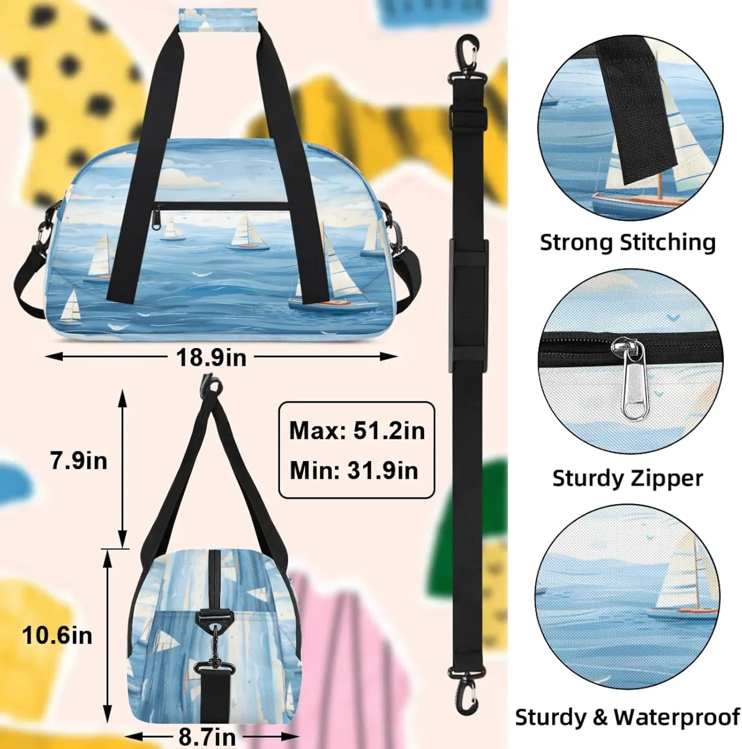 Ocean Sailboat Small Gym Bag 18 inch Carry On Duffel Bag for Weekender Travel Sports Workout Yoga Gymnastics Dance Ballet