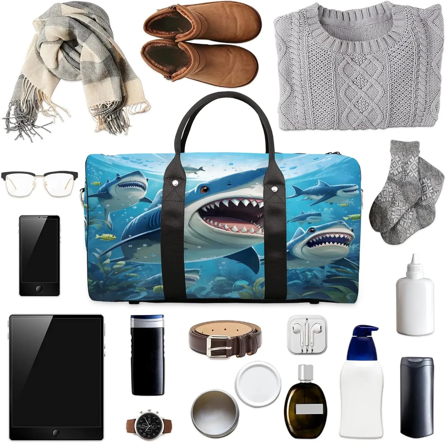 Ocean Shark Travel Duffle Bag, Sports Gym Bags for Women Men, Carry On Weekender Overnight Workout Airplane Trips Bag