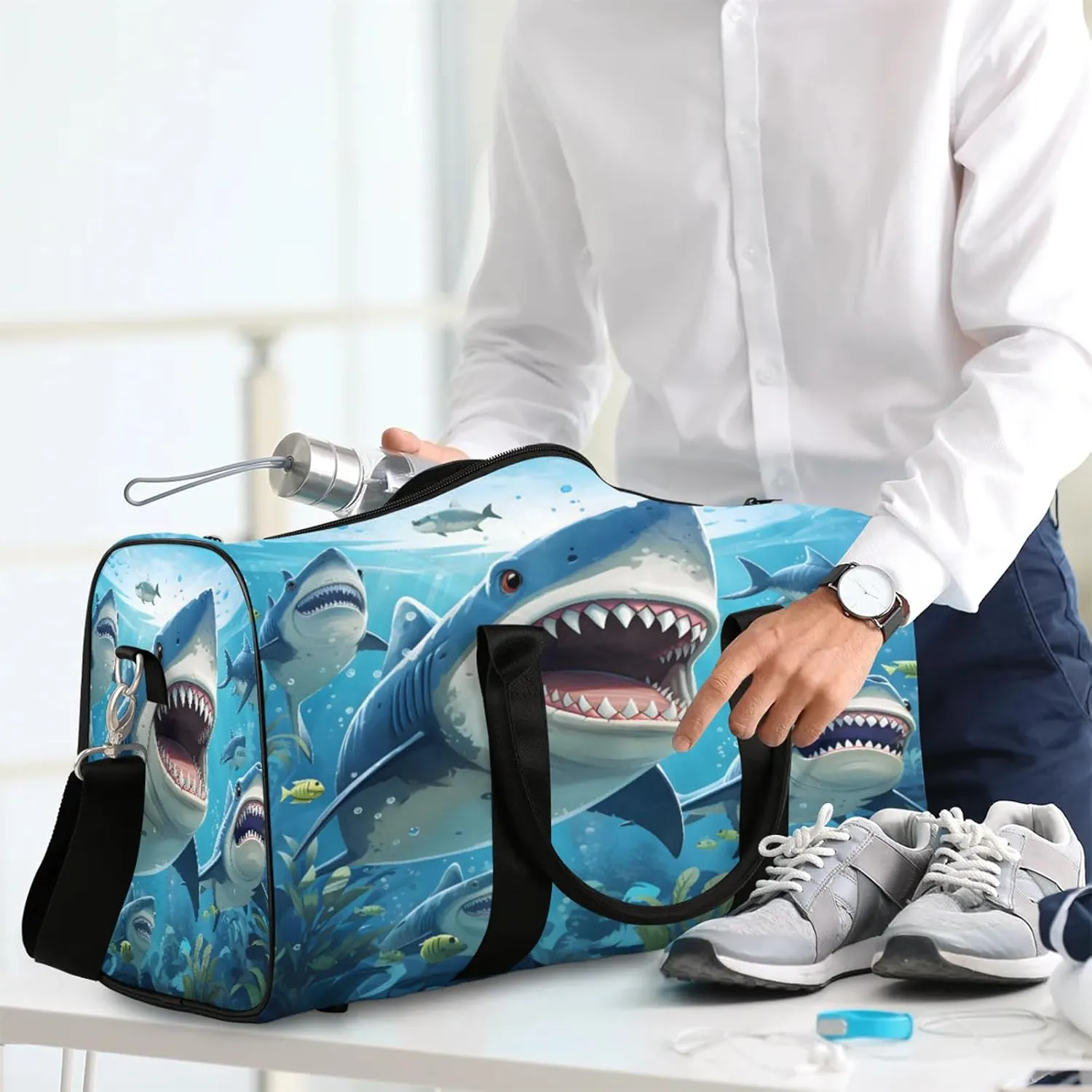 Ocean Shark Travel Duffle Bag, Sports Gym Bags for Women Men, Carry On Weekender Overnight Workout Airplane Trips Bag