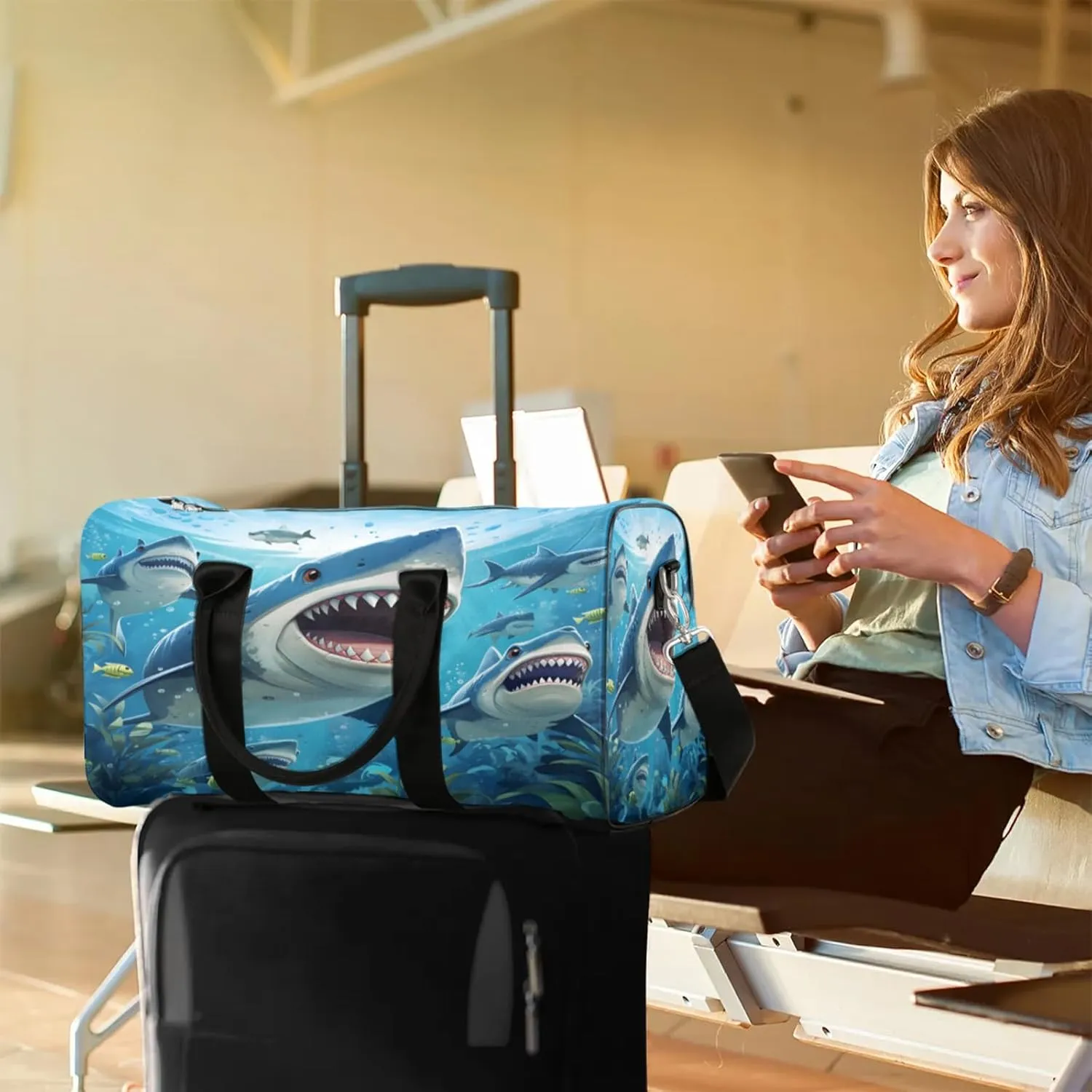 Ocean Shark Travel Duffle Bag, Sports Gym Bags for Women Men, Carry On Weekender Overnight Workout Airplane Trips Bag