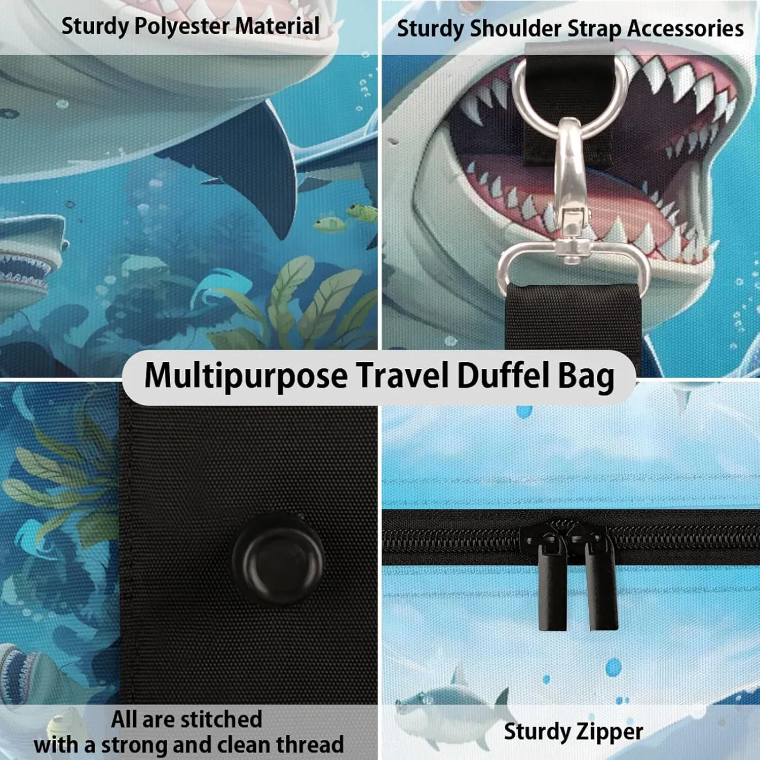 Ocean Shark Travel Duffle Bag, Sports Gym Bags for Women Men, Carry On Weekender Overnight Workout Airplane Trips Bag