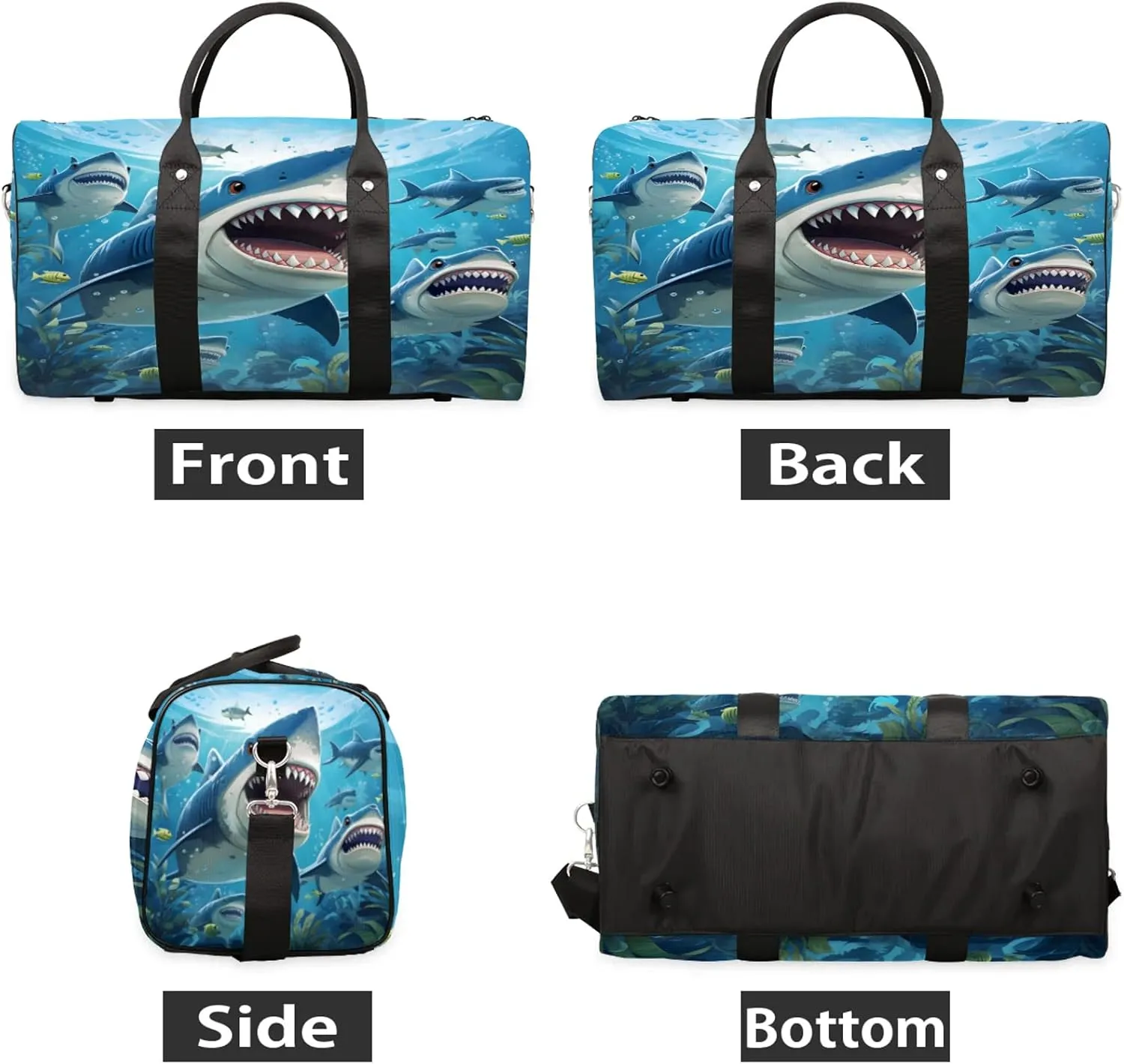 Ocean Shark Travel Duffle Bag, Sports Gym Bags for Women Men, Carry On Weekender Overnight Workout Airplane Trips Bag