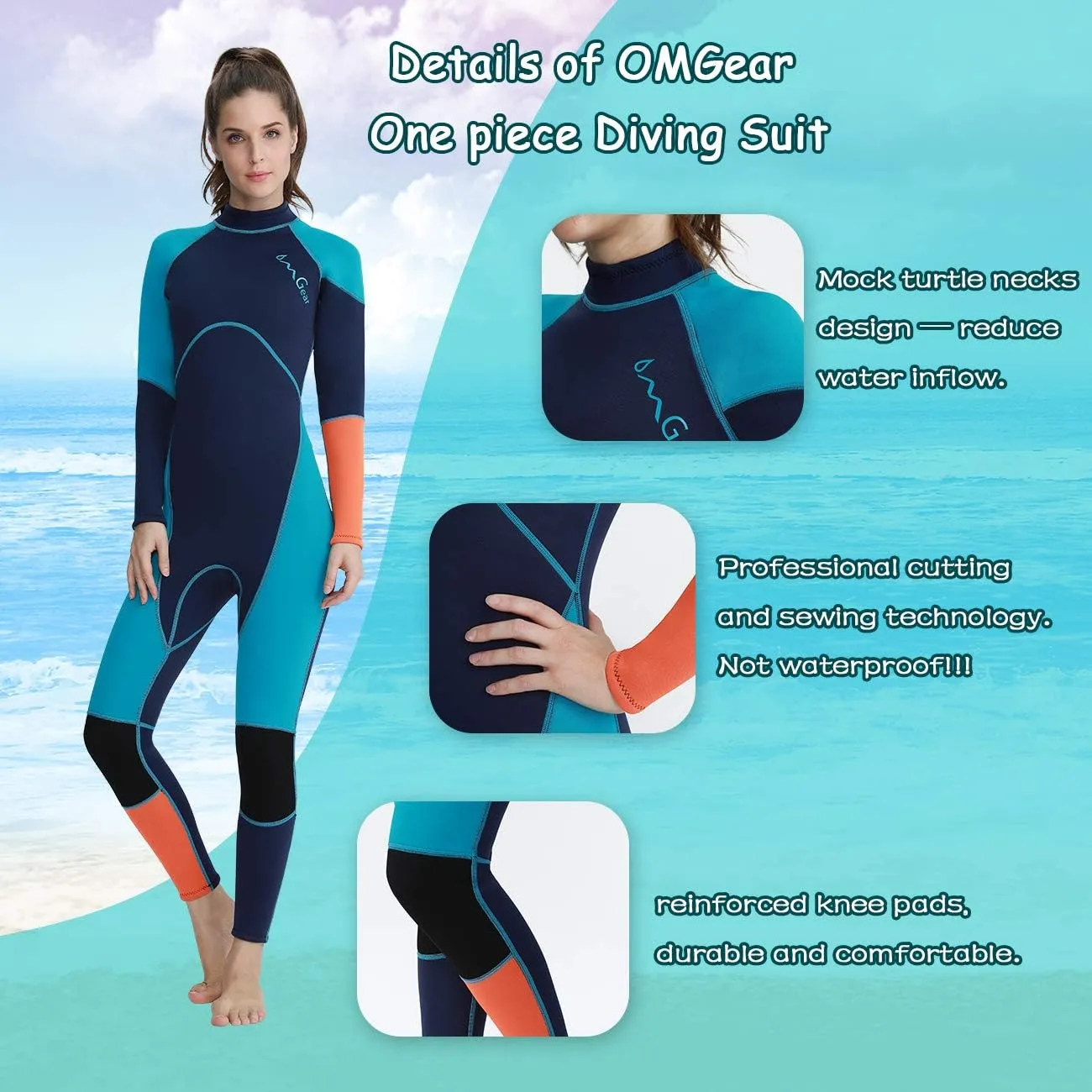 OMGear Wetsuit Men Women 3mm Neoprene Full Body UV Protection One Piece Long Sleeves Scuba Diving Suits Back Zipper Swimsuit for Scuba Diving Surf Snorkeling Swimming