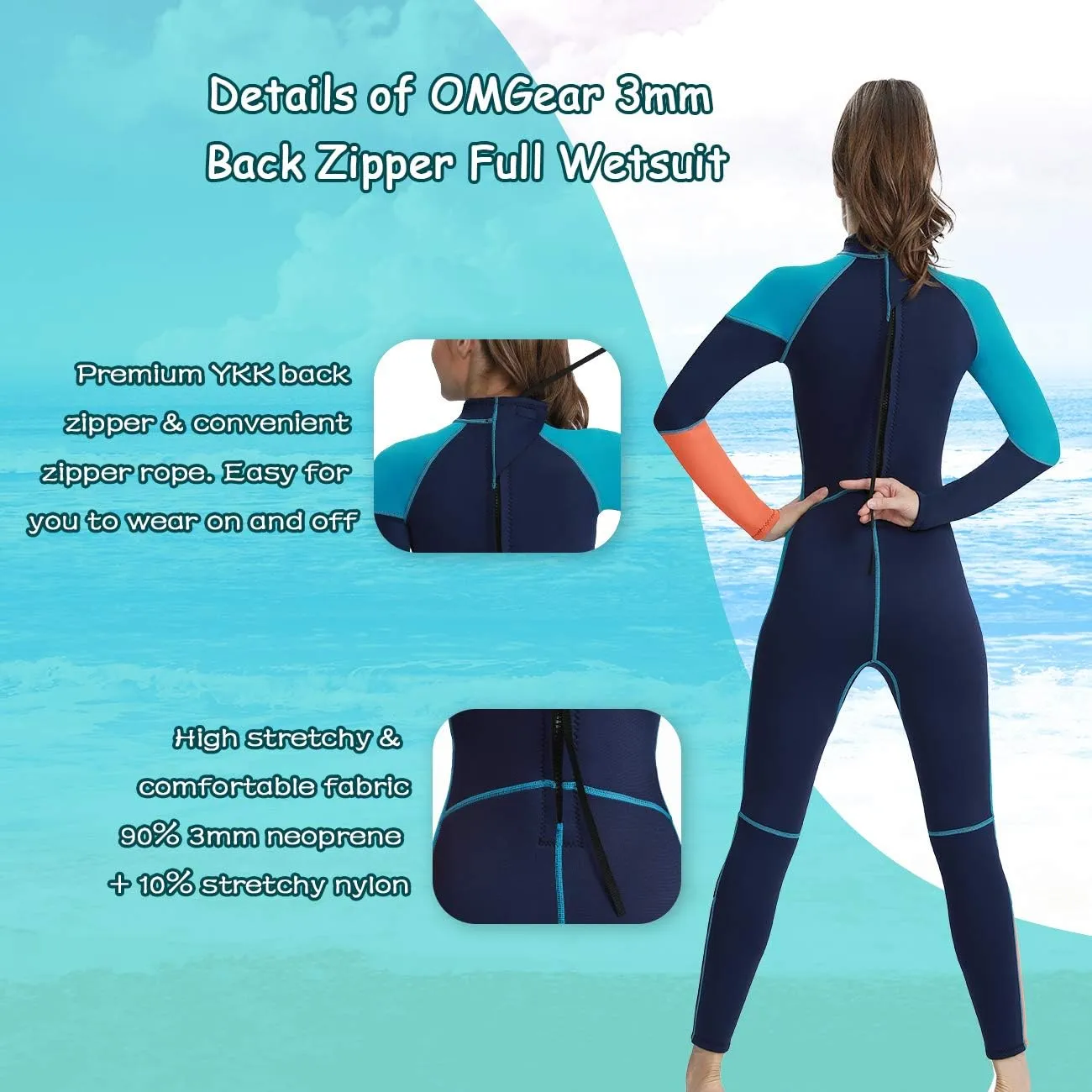 OMGear Wetsuit Men Women 3mm Neoprene Full Body UV Protection One Piece Long Sleeves Scuba Diving Suits Back Zipper Swimsuit for Scuba Diving Surf Snorkeling Swimming