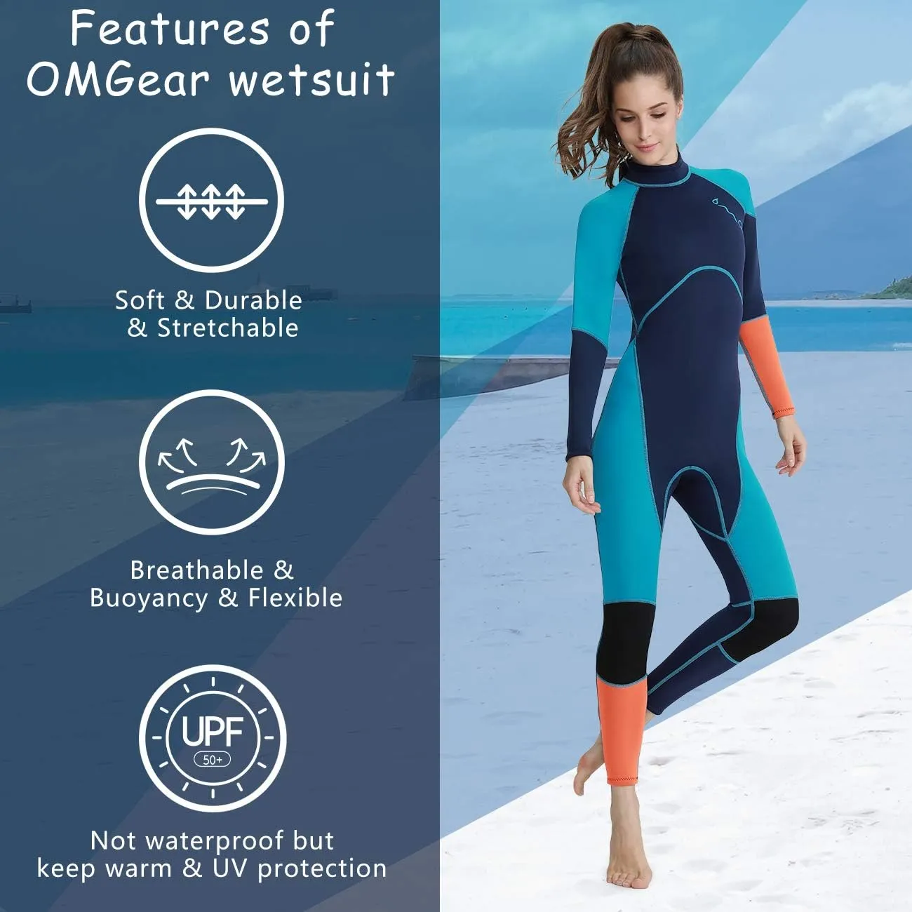 OMGear Wetsuit Men Women 3mm Neoprene Full Body UV Protection One Piece Long Sleeves Scuba Diving Suits Back Zipper Swimsuit for Scuba Diving Surf Snorkeling Swimming