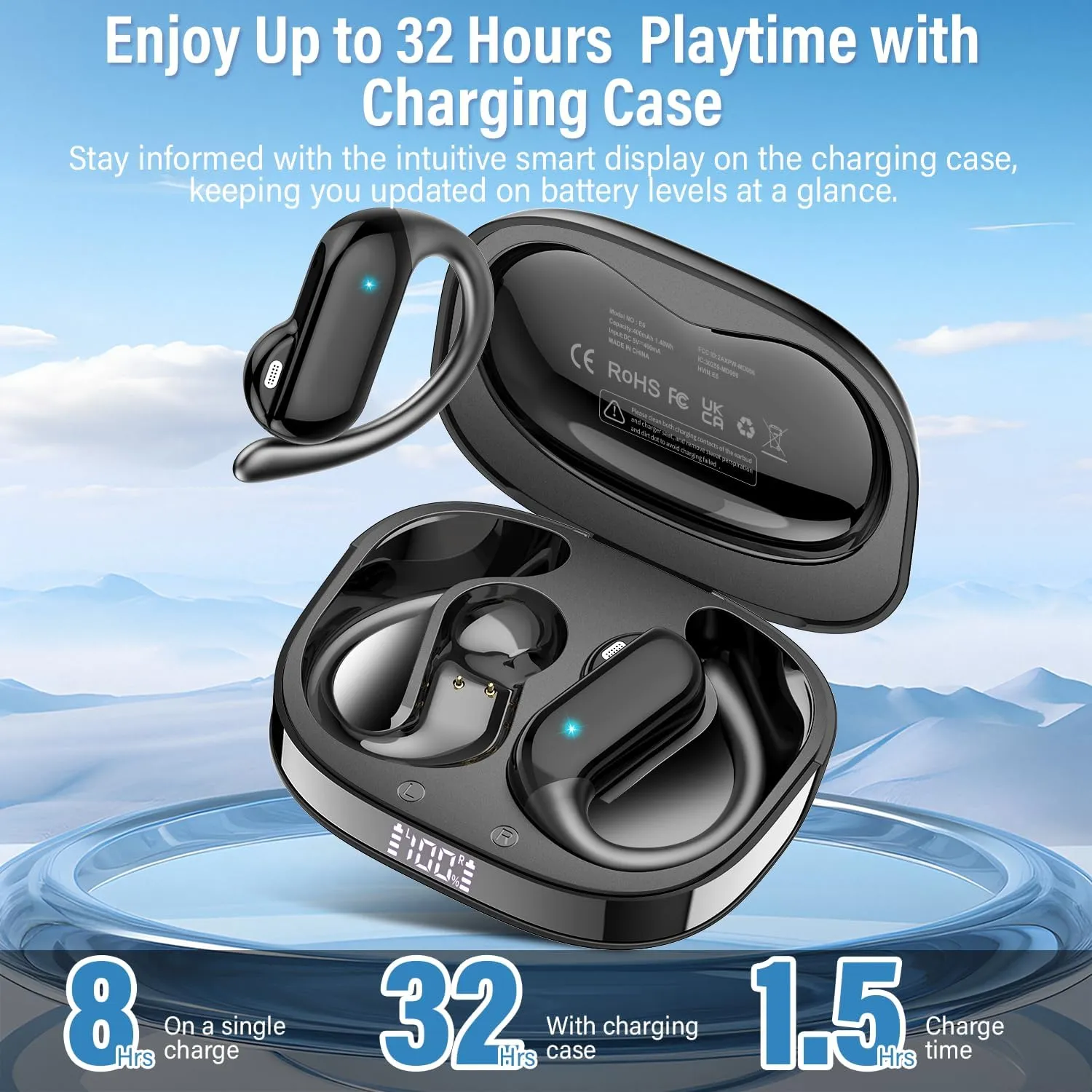 Open Ear Earbuds, Bluetooth 5.4 Wireless Earbuds with Ear Hooks, 32H HiFi Stereo Open Ear Headphones with Clear Calls, IPX7 Lightweight Air Conduction Headphones for Workouts and Running