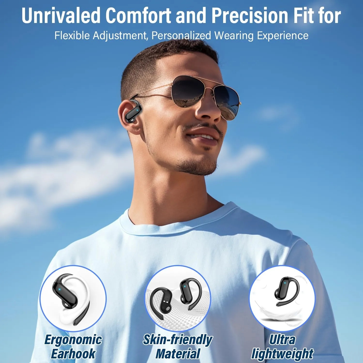 Open Ear Earbuds, Bluetooth 5.4 Wireless Earbuds with Ear Hooks, 32H HiFi Stereo Open Ear Headphones with Clear Calls, IPX7 Lightweight Air Conduction Headphones for Workouts and Running