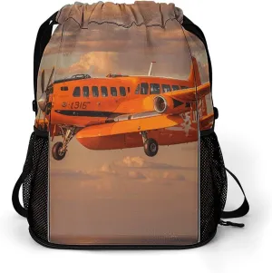 Orange Daylight Aircraft Drawstring Backpack Bags Gym Backpack with Shoe Compartment for Women Men Cinch Sack Sports Backpack with Mesh Pockets
